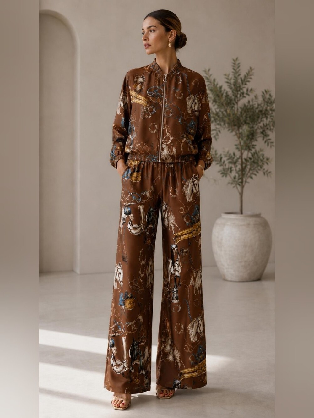 WL 30 Mafe In Italy Viscose Brown Printed Wide-Leg Horse Priny Pant Set